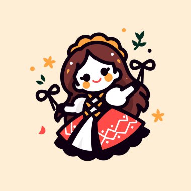 Kırmızı elbiseli ve siyah kurdeleli çekici kız kuklası.