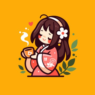 Anime kız çaydan hoşlanıyor, Kawaii çizimi düz çizim.