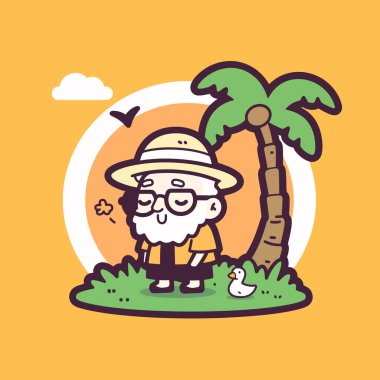 Yaşlı adam Tropikal bir adada Palmiye ağacı ve ördekle dinleniyor.