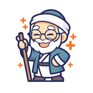 Yürüyen Sopalı Gülümseyen Bilge Yaşlı Adam Çizgi Filmi