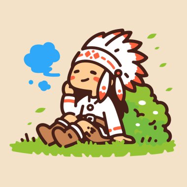 Tatlı çizgi film Amerikan yerlisi çocuk huzur içinde rüya görüyor.