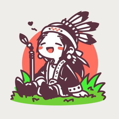 Chibi Yerli Amerikan Karakteri Mızrakla Oturup Gülümsüyor