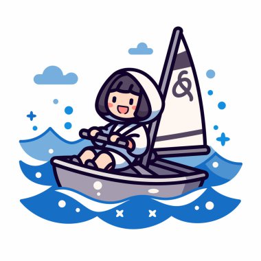 Okyanusta yelken açan bir insanın hoş bir karikatürü.