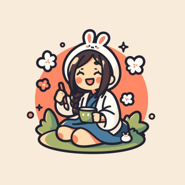 Tavşan Şapkalı Şirin Kız Bahçedeki Çayın tadını çıkarıyor