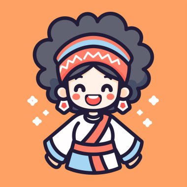 Geleneksel Etnik Kıyafette Sevimli Çizgi Kız