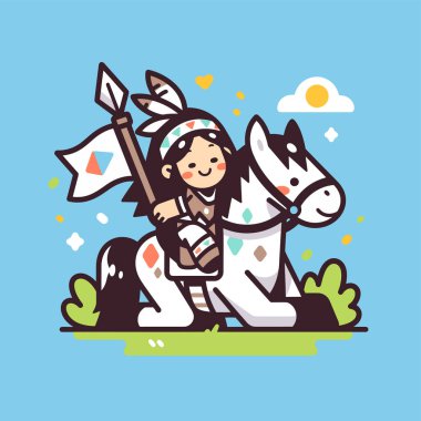 Amerikan Yerlisi Mızrak ve Bayrakla At Binen Çocuk