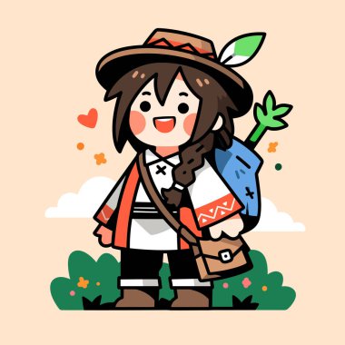 Sırt çantası ve şapkası olan Chibi Maceracı Kız