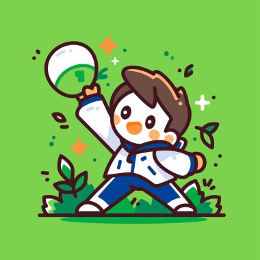 Çizgi filmci çocuk elinde raketle badminton oynuyor.