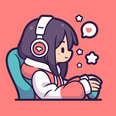 Müzik dinleyip oyun oynayan tatlı bir anime kızı.