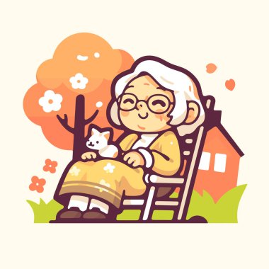 Büyükanne kedisiyle bahçede dinleniyor.