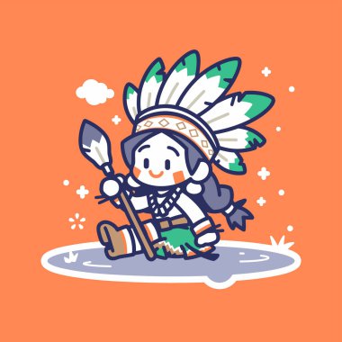 Tüy Başlı ve Mızraklı Amerikan Yerlisi Çizgi Filmi