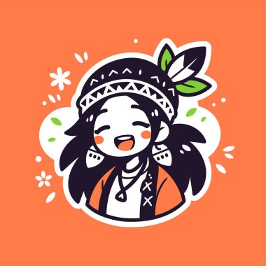 Gülen yüzlü sevimli Amerikan Yerlisi Kız Çizgi Filmi