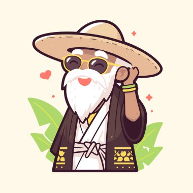 Güneş gözlüklü ve Hasır Şapkalı Mutlu Yaşlı Adam