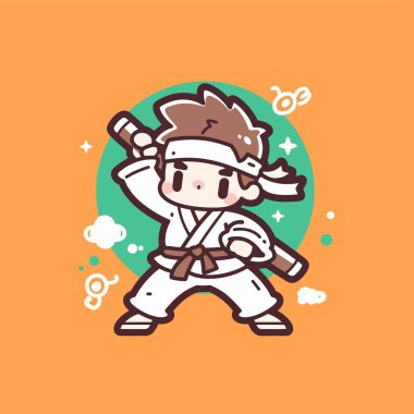 Elle çizilmiş Düz Biçimli Bambu Sopalı Sevimli Karateci Çocuk