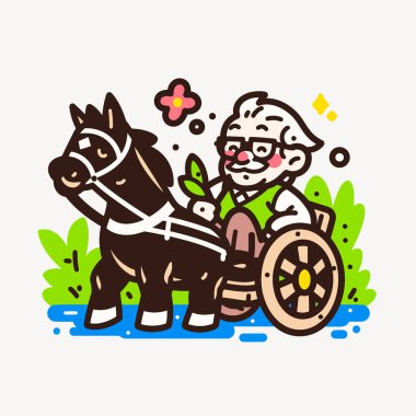 At arabası süren yaşlı bir adamın şirin bir çizimi.