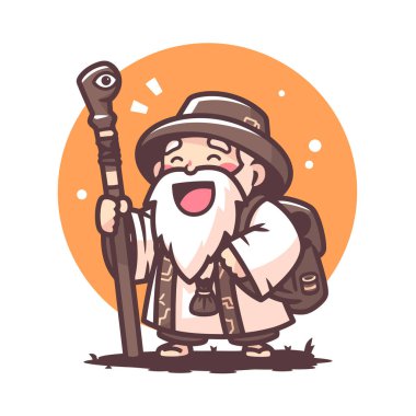 Elinde baston ve sırt çantası olan mutlu çizgi film ihtiyarı.