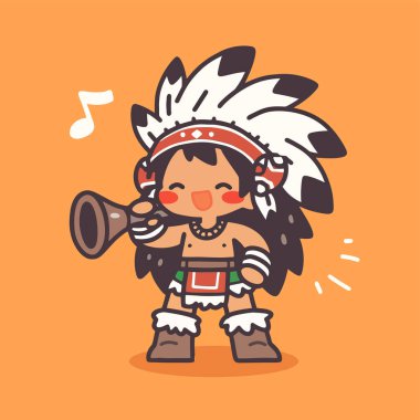 Sevimli Amerikan Yerlisi Şefi Çizgi film tarzında Trompet Çalıyor