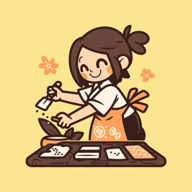 Şef mutfaktaki ahşap bir tahtanın üzerinde malzemeleri hazırlıyor.