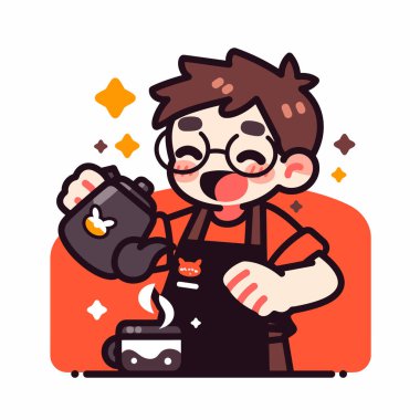 Barista bir fincana kahve dolduruyor, çizgi film tarzı.