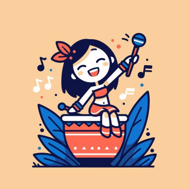 Neşeli kız davul çalıp marakalarla şarkı söylüyor.