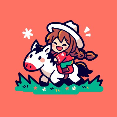 At Sırtı Çizgi Filmi İllüstrasyonunda Şirin Kovboy Kız