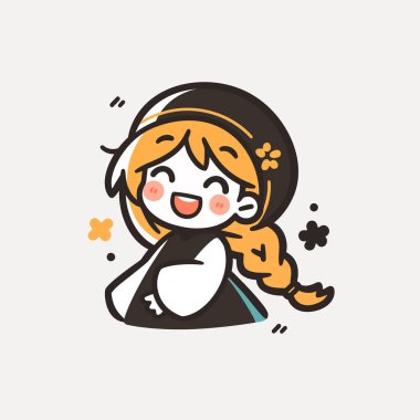 Örgülü ve Başlıklı Mutlu Çizgi Kız