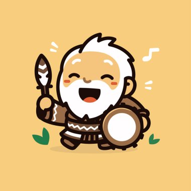 Davul ve mızraklı Sevimli Çizgi Film Kabilesi Yaşlısı