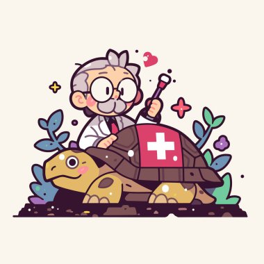 Doktor, tıbbi haçla kaplumbağayı muayene ediyor.