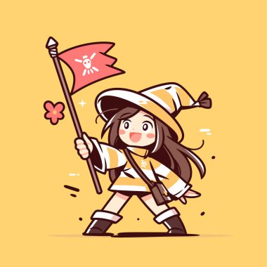 Kafatası Bayrağı ve Neşeli İfadesi olan Anime Korsan Cadısı