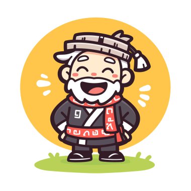 Geleneksel Güney Kore kılığına girmiş gülümseyen yaşlı bir adamın çizgi film çizimi