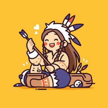 Amerikan yerlisi kız ve küçük ayı arkadaşı