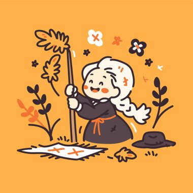 Bahçeyi temizleyen sevimli çizgi film kızı.