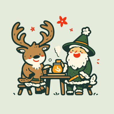 Noel Baba ve Ren geyiği birlikte çay içiyorlar.