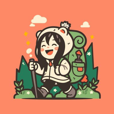 Dağlarda sırt çantalı mutlu yürüyüşçüler.