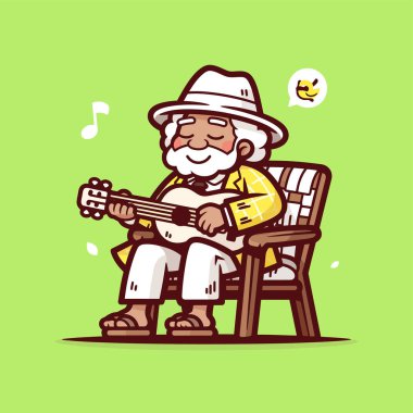 Çizgi film tarzında Ukulele Çalan Yaşlı Adam