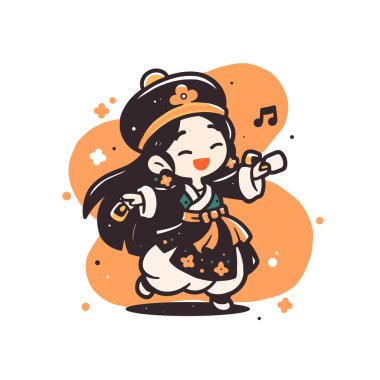 Hanbok 'ta Koreli Chibi Kız Neşeli İfadeyle Dans Ediyor