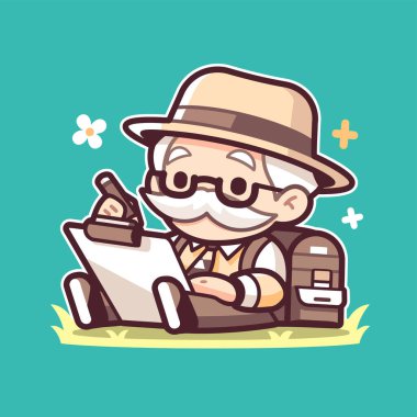 Yaşlı Kaşif Karikatür Karakteri Doğada Çizim