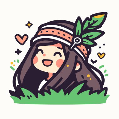 Saç bandı ve yapraklı Chibi kızı, yeşil çimlerde gülümsüyor.