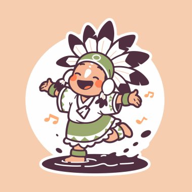 Sevimli çizgi film Amerikan yerlisi çocuk mutlu bir şekilde dans ediyor.