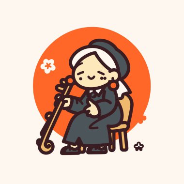 Geleneksel bir Çin enstrümanı çalan yaşlı bir kadının şirin çizgi filmi.