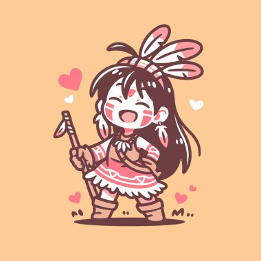 Tüylü Başlıklı Chibi Amerikan Yerlisi Kız