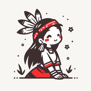 Tüylü başlıklı, neşeli gülümseyen Amerikan yerlisi Chibi kızı.