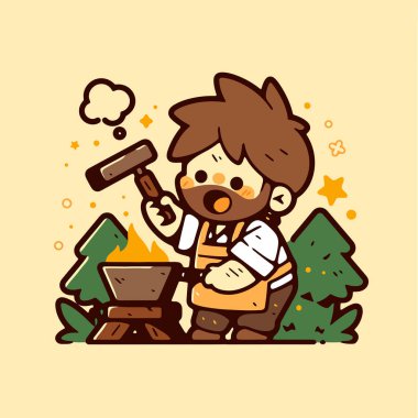 Demirhanede çalışan sevimli çizgi film demircisi.