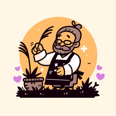 Bahçıvan, karikatür tarzında güneşli bir bahçe ortamında saksı bitkisiyle ilgileniyor.