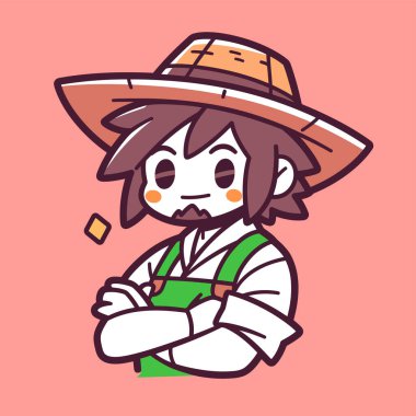 Hasır Şapkalı ve Yeşil Tulumlu Çizgi Film Çiftçisi