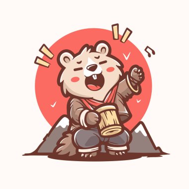 Tahta bir kupayla Dağda Şarkı Söyleyen Ayı