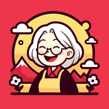 Dağ manzaralı ve çiçekli neşeli büyükanne.