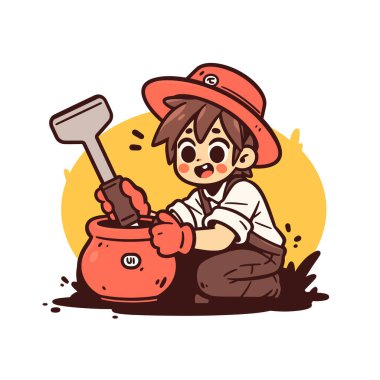 Kürek ve Tencereli Mutlu Bahçıvan Çocuk