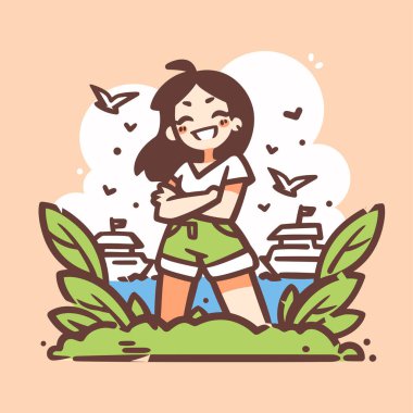 Deniz kenarında yaz tatilinin tadını çıkaran kız.