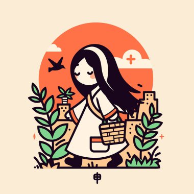 Sepetle Bir Manzarada Yürüyen Kız